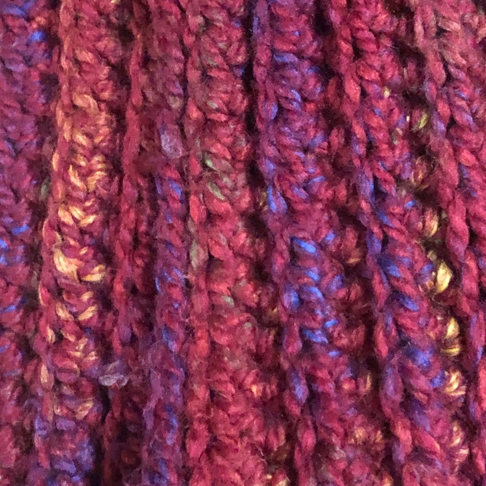 Infinity knitted thick chunky scarf deep wine with yellow and blue flecks